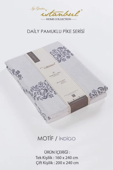 %100 Pamuklu Baskılı Tek Kişilik Tek Pike Motif Indigo 160x240