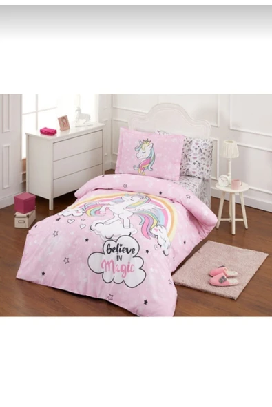 Tek Kişilik Çarşafı Lastikli Nevresim Takımı Unicorn Pembe