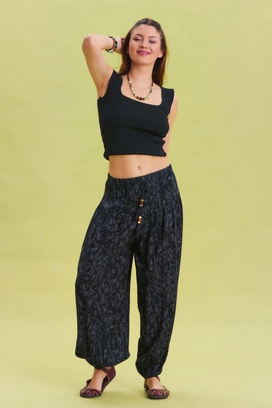 Beli Lastikli Bağcık Detaylı Viskon Pantolon