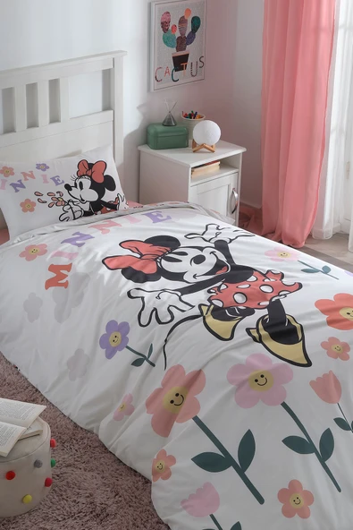 Minnie Mouse Flowers Tek Kişilik Disney Lisanslı Lastikli Fitted Çarşaf Çocuk Nevresim Takım - Resim 2