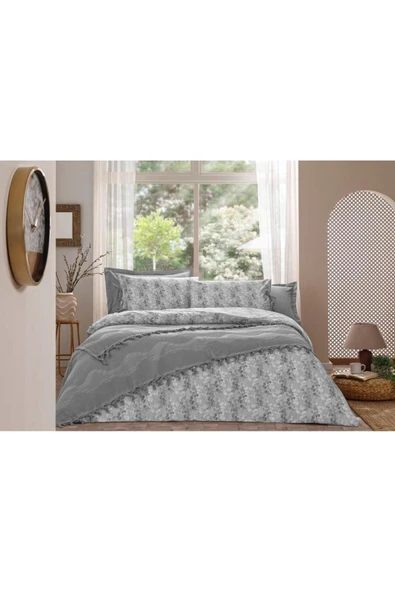 NEVRESİM TAKIMI PİKELİ  RANFORCE  ÇİFT KİŞİLİK GRI LEAVES ürün görseli 1