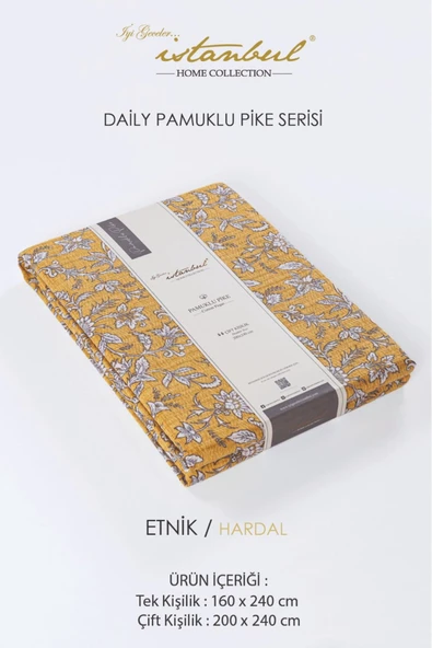 %100 Pamuklu Baskılı Çift Kişilik Tek Pike Etnik Hardal 200x240