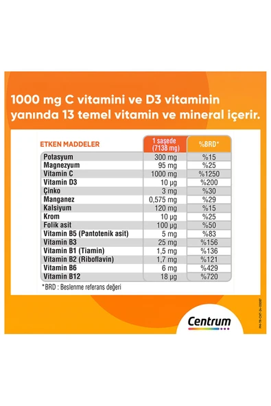 CENTRUM Immunity Vitamin C Max Efervesan Toz 14'lü Saşe - Resim 3