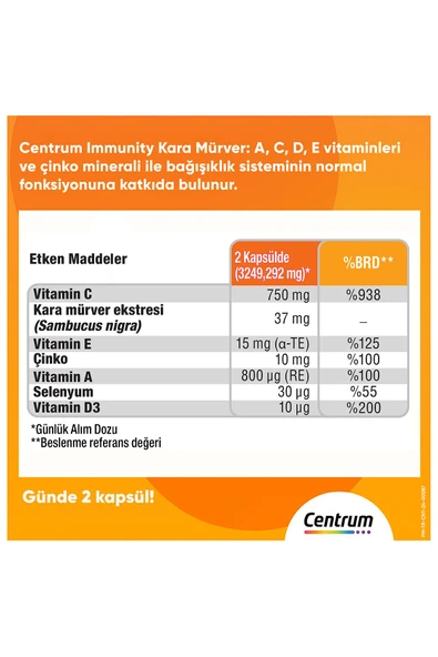 CENTRUM Immunity Kara Mürver Multivitamin Ve Mineral İçeren Takviye Edici Gıda - 60 Kapsül - Resim 3