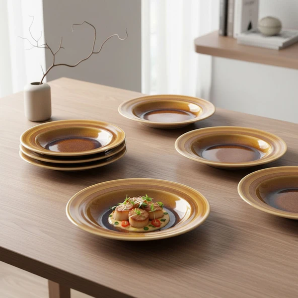 GÜRAL PORSELEN Valeron 6 Adet 22 Cm Çukur Yemek Tabağı  Reaktif Saura 137 - Resim 2