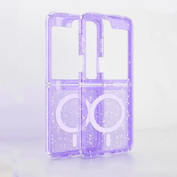 Samsung Z Flip 6 Kılıf Magsafe Şarj Özellikli Parlayan Simli Saydam Renkli Allstar Kapak - Resim 5