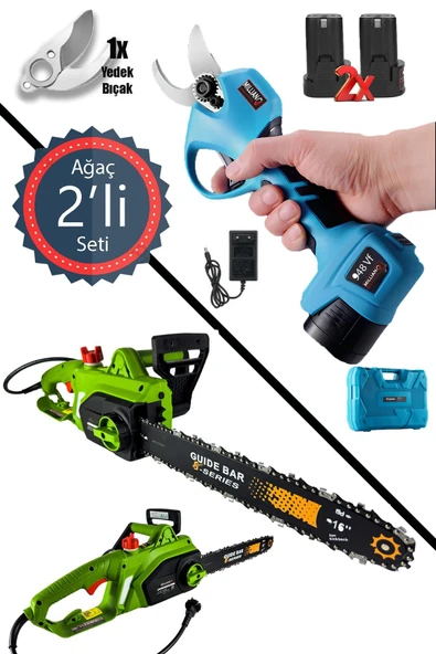 Profesyonel 4200 W Elektrikli Zincirli Testere + 948 Vf Şarjlı Çift Akü Ağaç Dal Budama Kesme Makası