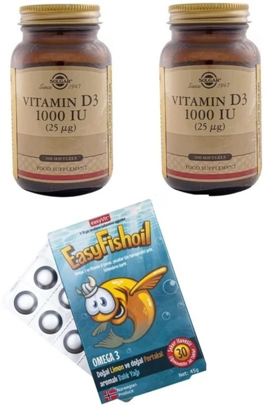 EASY FİSHOİL Solgar Vitamin D3 100 Softgel Kapsül*2 Adet+easyfishoil Çocuklar Için Balık Yağı