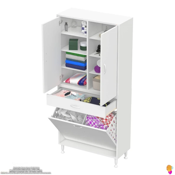 Modilayn YENİ AFRA 70x173x32,5 cm' lik 1 Çekmece, 2 Göz Sepet, 2 Kapak, 8 Raf Dar Alan Banyo Dolabı - 5