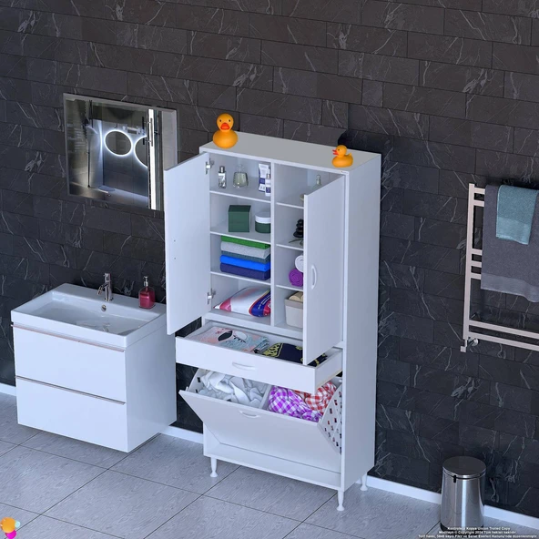 Modilayn YENİ AFRA 75x173x32,5 cm' lik 1 Çekmece, 2 Göz Sepet, 2 Kapak, 8 Raf Dar Alan Banyo Dolabı