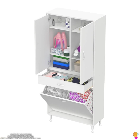 Modilayn YENİ AFRA 80x173x32,5 cm' lik 1 Çekmece, 2 Göz Sepet, 2 Kapak, 6 Raf Dar Alan Banyo Dolabı - 5