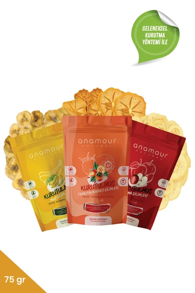 Anamour Natural Keyif Mini Paketi (Şeker İlavesiz) - Hurma - Muz - Elma Kurusu - 3'lü Paket Kuru Meyve 75g
