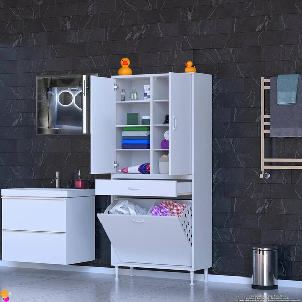 Modilayn YENİ AFRA 85x173x32,5 cm' lik 1 Çekmece, 2 Göz Sepet, 2 Kapak, 8 Raf Dar Alan Banyo Dolabı - Resim 2