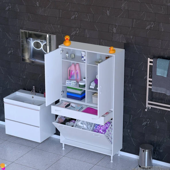 Modilayn YENİ AFRA 90x173x32,5 cm' lik 1 Çekmece, 3 Göz Sepet, 2 Kapak, 6 Raf Dar Alan Banyo Dolabı