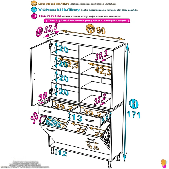 Modilayn YENİ AFRA 90x173x32,5 cm' lik 1 Çekmece, 3 Göz Sepet, 2 Kapak, 8 Raf Dar Alan Banyo Dolabı - Resim 4