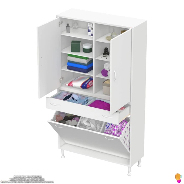 Modilayn YENİ AFRA 90x173x32,5 cm' lik 1 Çekmece, 3 Göz Sepet, 2 Kapak, 8 Raf Dar Alan Banyo Dolabı - Resim 5