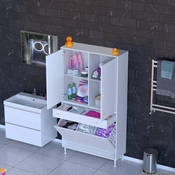 Modilayn YENİ AFRA 90x173x32,5 cm' lik 1 Çekmece, 3 Göz Sepet, 2 Kapak, 4 Raf Dar Alan Banyo Dolabı