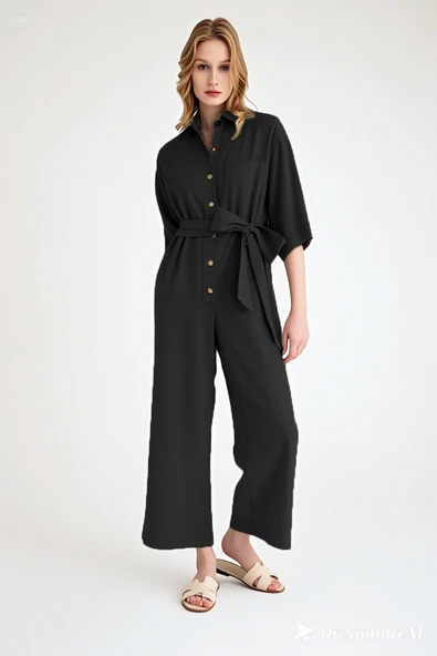 Yazlık Gömlek Yaka Keten Tulum