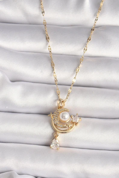 KUZGUN ONLİNE SHOP 316L Gold Renk Zirkon Taşlı Ay Model Sallantı Detay Kadın Kolye