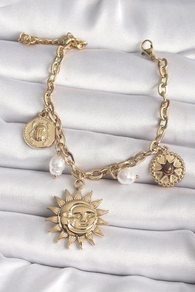KUZGUN ONLİNE SHOP 316L Çelik Gold Renk Ay Güneş Model İnci Detay Kadın Bileklik