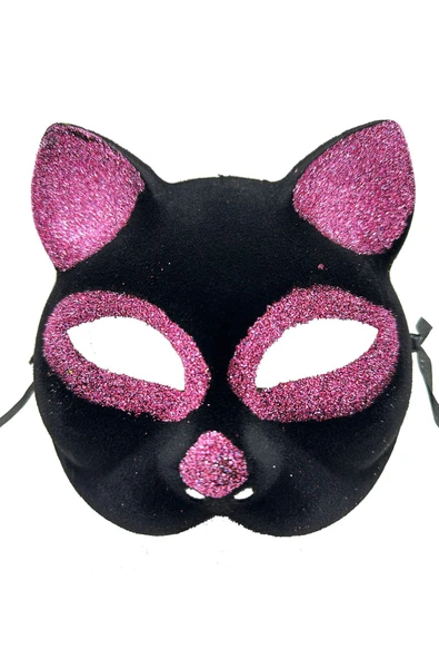 KUZGUN ONLİNE SHOP Siyah Renk Pembe Simli Süet Kaplama Kedi Maskesi 18x14 cm