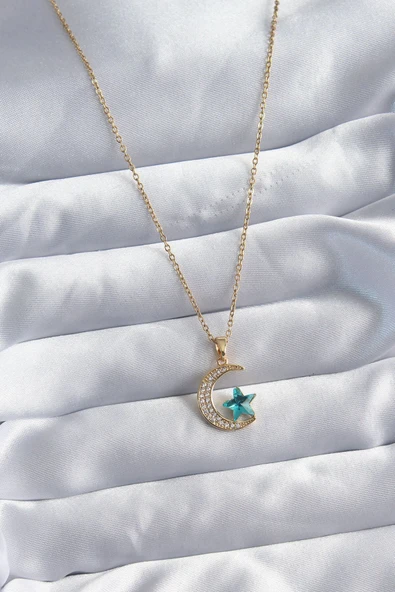 KUZGUN ONLİNE SHOP 316L Çelik Özel Seri    Gold Renk Zincir  Zirkon Taş Detay Hilal  Yıldızı Figür Kadın Kolye