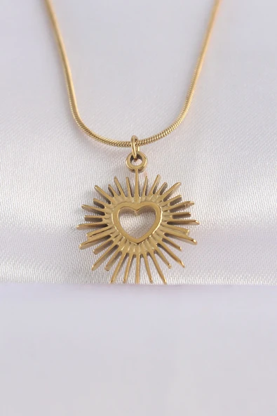 KUZGUN ONLİNE SHOP 316L Çelik Özel Seri   Zincir Altın Renk Kalp Güneşi Tasarımlı Kolye