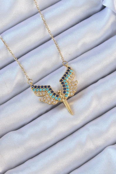KUZGUN ONLİNE SHOP 316L Çelik Özel Seri  Zincir Altın Renk Mavi Zirkon Taşlı Mikail Meleği Kolye