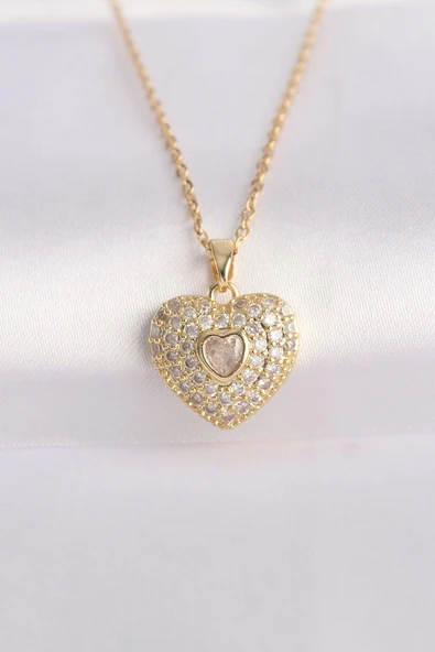 KUZGUN ONLİNE SHOP 316L Çelik Özel Seri   Zincir Altın Renk Zirkon Taşlı Kalp Kolye