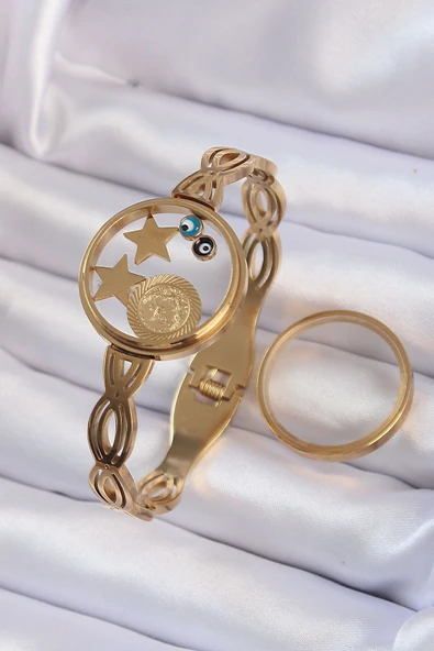 KUZGUN ONLİNE SHOP 316L Çelik Özel Seri   Altın Renk İçi Nazar Boncuk ve Figürlü Açılabilir F.nus Kelepçe