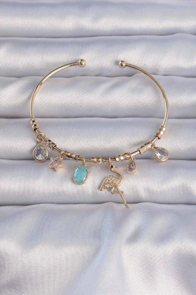 KUZGUN ONLİNE SHOP Pirinç Altın Renk Zirkon Taşlı Flamingo Figürlü Charm Bileklik