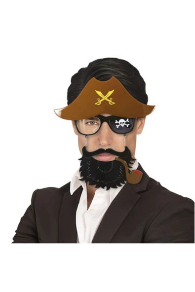 KUZGUN ONLİNE SHOP Kahve Şapkalı Pipolu Jack Sparrow Gözlüğü