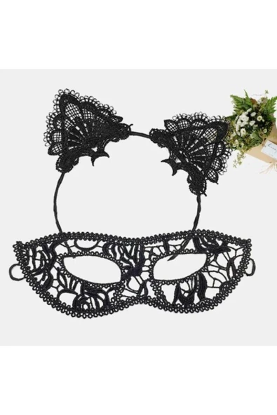 KUZGUN ONLİNE SHOP Siyah Dantel Maske ve Kulak Taç Seti No 12