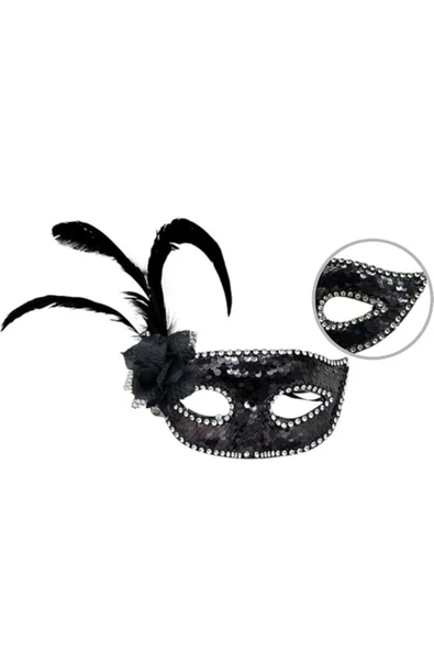 KUZGUN ONLİNE SHOP Siyah Yandan Tüylü Güllü Taşlı Pullu Maske
