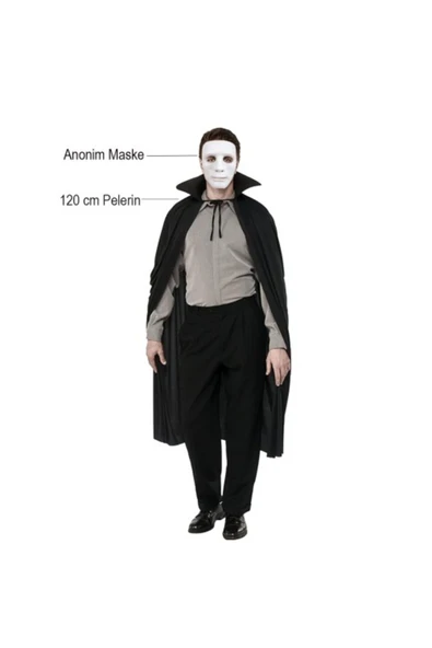 KUZGUN ONLİNE SHOP Siyah Renk Yakalı Pelerin ve Beyaz Anonim Maske