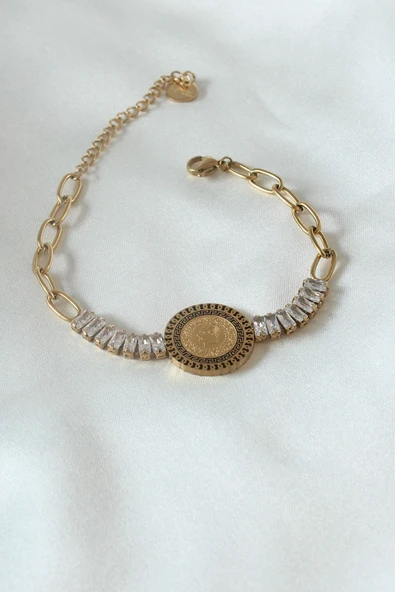 KUZGUN ONLİNE SHOP 316L Çelik Özel Seri    Gold Renk Tam Altın Modelli  Zirkon Taşlı Kadın Bileklik