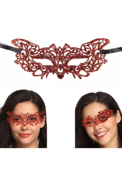 KUZGUN ONLİNE SHOP Kırmızı Dantel Masquerade Maskesi 9 No