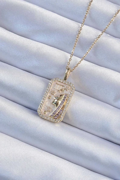 KUZGUN ONLİNE SHOP 316L Çelik Özel Seri  Zincir Altın Renk Zirkon Taşlı Yüz Figürlü Tarot Kolye