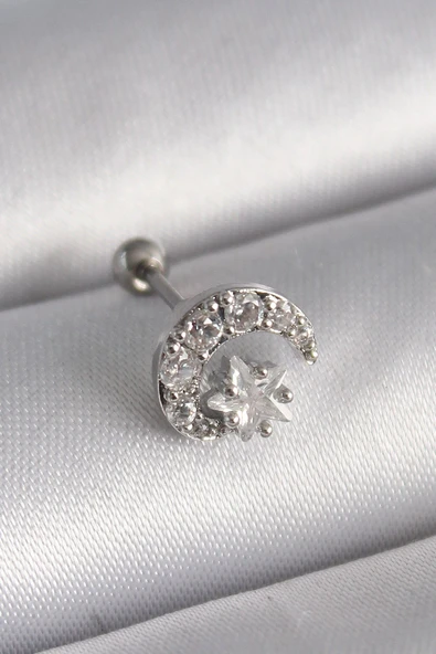 KUZGUN ONLİNE SHOP 316L Çelik Gümüş Renk Zirkon Taşlı Ay Tragus Piercing