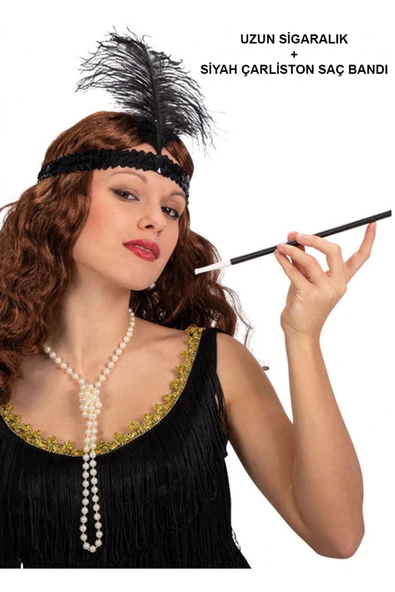 KUZGUN ONLİNE SHOP 1920'ler Gatsby Aksesuar Seti – Siyah Charleston Saç Bandı & Sigaralık