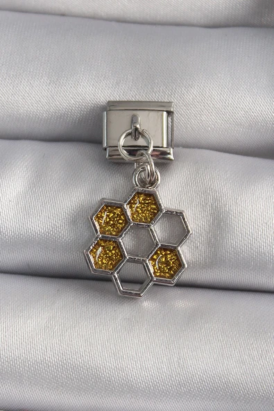 KUZGUN ONLİNE SHOP 316L Çelik Gümüş Renk Sallantı Simli Bal Beteği Model Nomination Charm