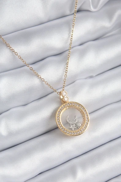 KUZGUN ONLİNE SHOP 316L Çelik Özel Seri   Gold Renk Zirkon Taş Detay Ay F.nus Model Kadın Kolye