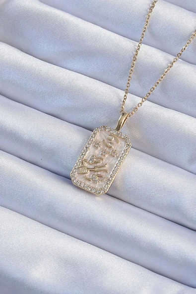 KUZGUN ONLİNE SHOP 316L Çelik Özel Seri  Zincir Altın Renk Zirkon Taşlı Çerçeveli Tarot Kolye