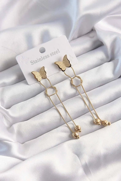 KUZGUN ONLİNE SHOP 316L Çelik Özel Seri  Altın Renk Sallantılı Düğüm Model Kelebek Küpe