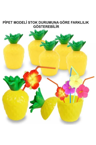 KUZGUN ONLİNE SHOP Ananas Hawaii Luau Aloha Pipetli İçecek Kabı Bardak 10x13 cm 1 Adet