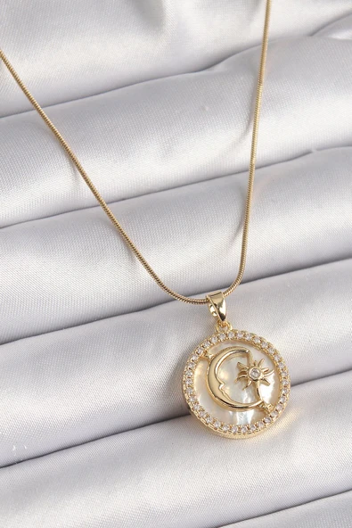 KUZGUN ONLİNE SHOP 316L Çelik Gold Renk Zincir Zirkon Taş Detaylı Beyaz Sedefli Ay Model Kadın Kolye
