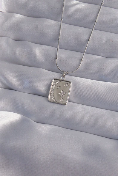 KUZGUN ONLİNE SHOP 316L Çelik Özel Seri  Zincir Gümüş Renk Zirkon Taşlı Ay Figürlü Tarot Kolye