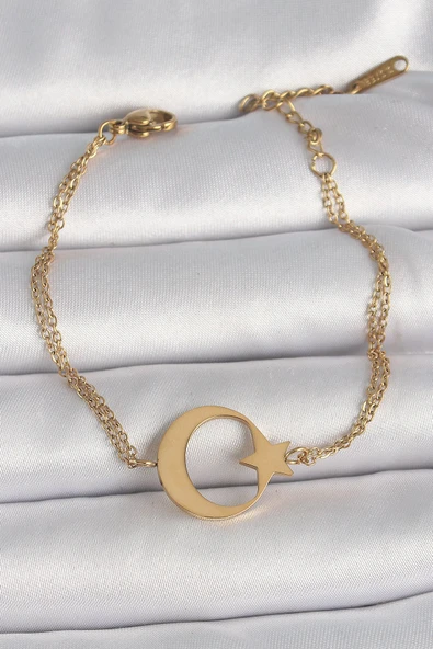 KUZGUN ONLİNE SHOP 316L Çelik Gold Renk Ay Yıldız Model Kadın Bileklik