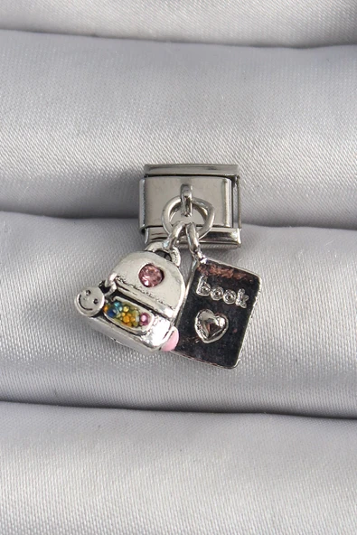 KUZGUN ONLİNE SHOP 316L Çelik Gümüş Renk Zirkon Taş Detaylı Sırt Çantası Kitap Model Nomination Charm