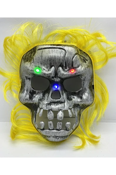 KUZGUN ONLİNE SHOP Sarı Saçlı Led Işıklı Kuru Kafa İskelet Korku Maskesi 22x25 cm